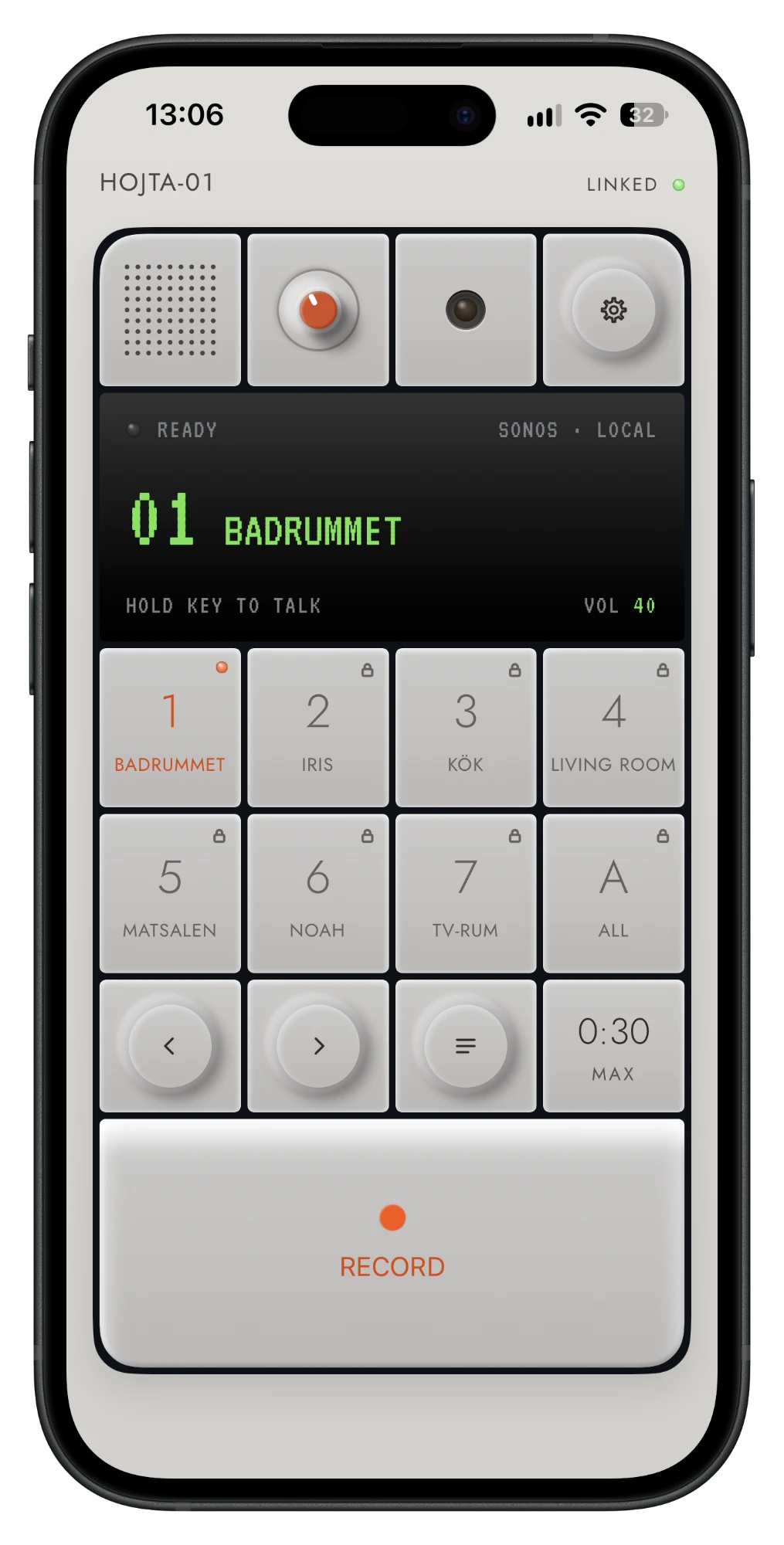 The Hojta app: a grid of Room keys with one selected in orange, a display showing the chosen room, and a record key below — styled like a piece of audio hardware.