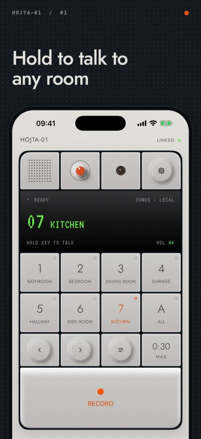 Screenshot 1, “Hold to talk to any room”: the Send screen, Kitchen picked.