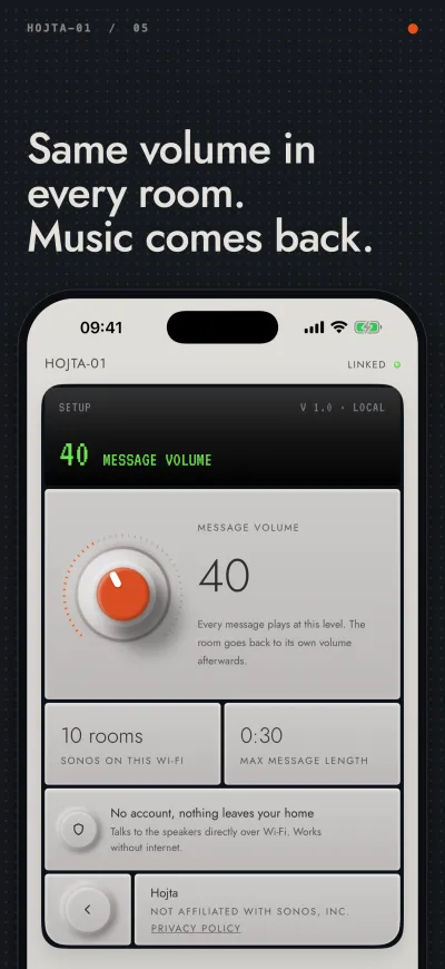 Screenshot 5, “Same volume in every room. Music comes back.”: Setup with the Message Volume knob.