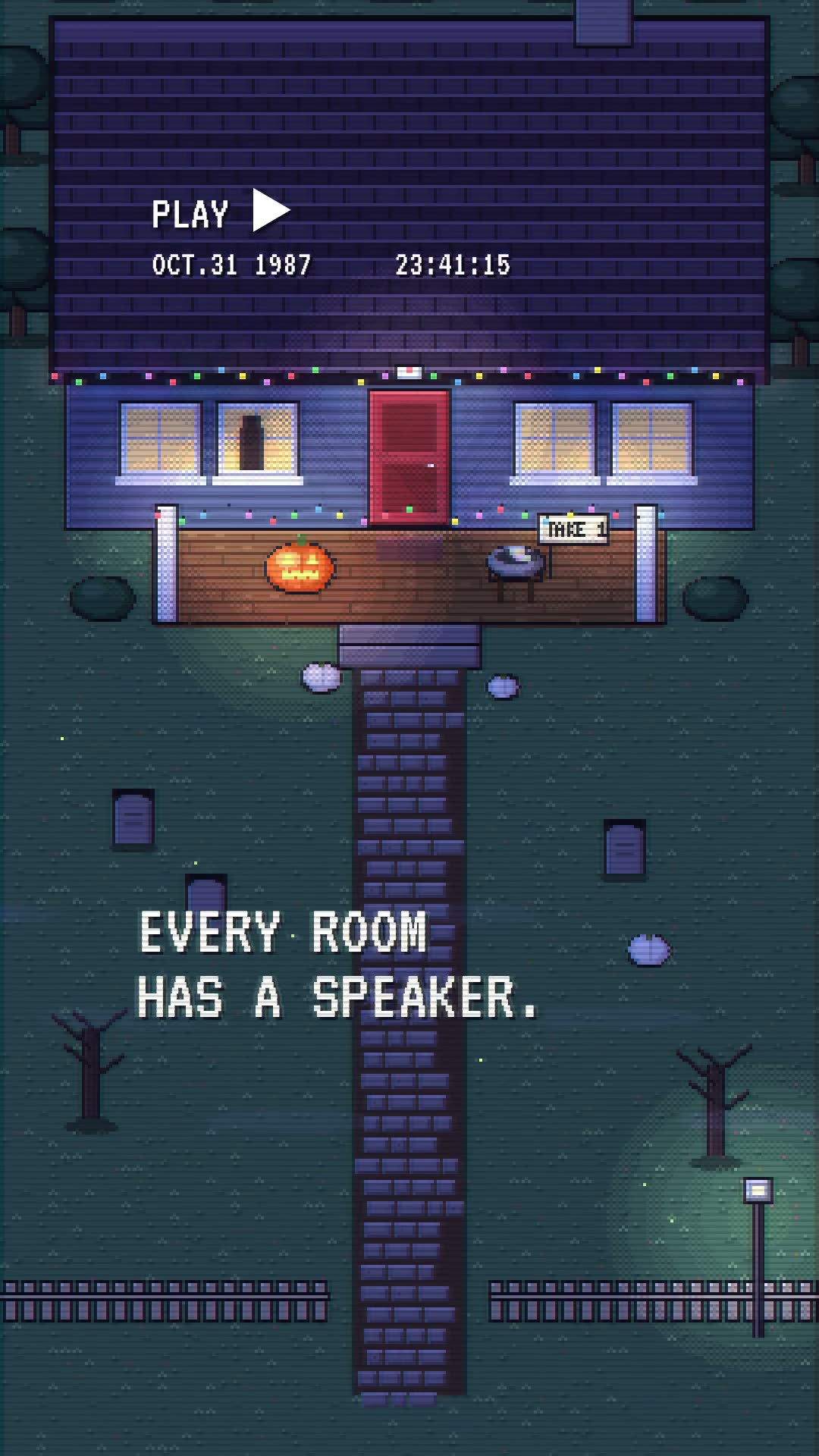 Halloween 03, Inside the house: a 16-bit house at night on a VHS tape dated Oct. 31 1987, captioned “Every room has a speaker.”