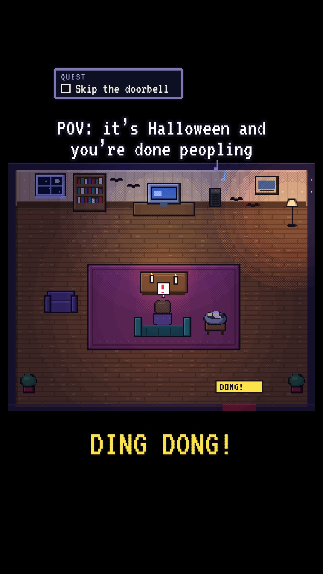 Halloween 04, Done peopling: a 16-bit living room seen from above as the doorbell goes “Ding dong!”