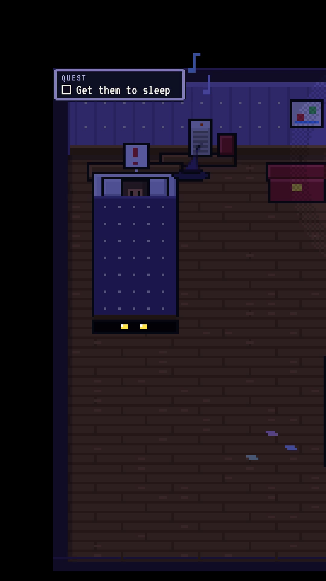 Halloween 05, The monster under the bed: a dark 16-bit bedroom seen from above, two yellow eyes under the bed.